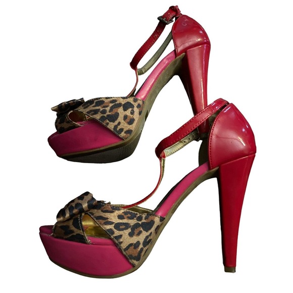Guess Open-Toed Strappy Pink Red and Leopard Print GG Harty High Heels Women 7 M - Picture 7 of 8